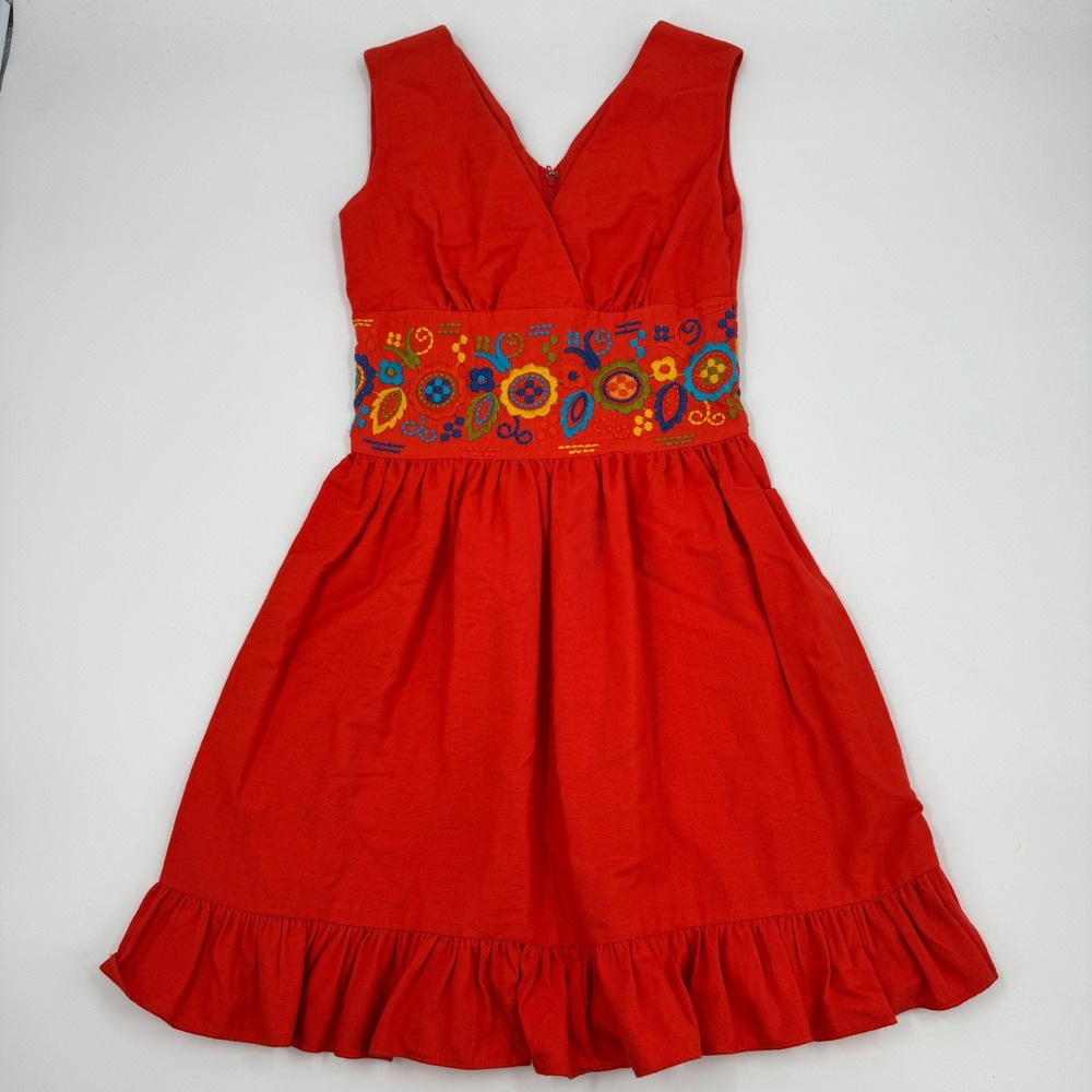Ree Dolls Sun Dress Womens XS Red Vintage 60s Floral Embroidered Ruffle Hem